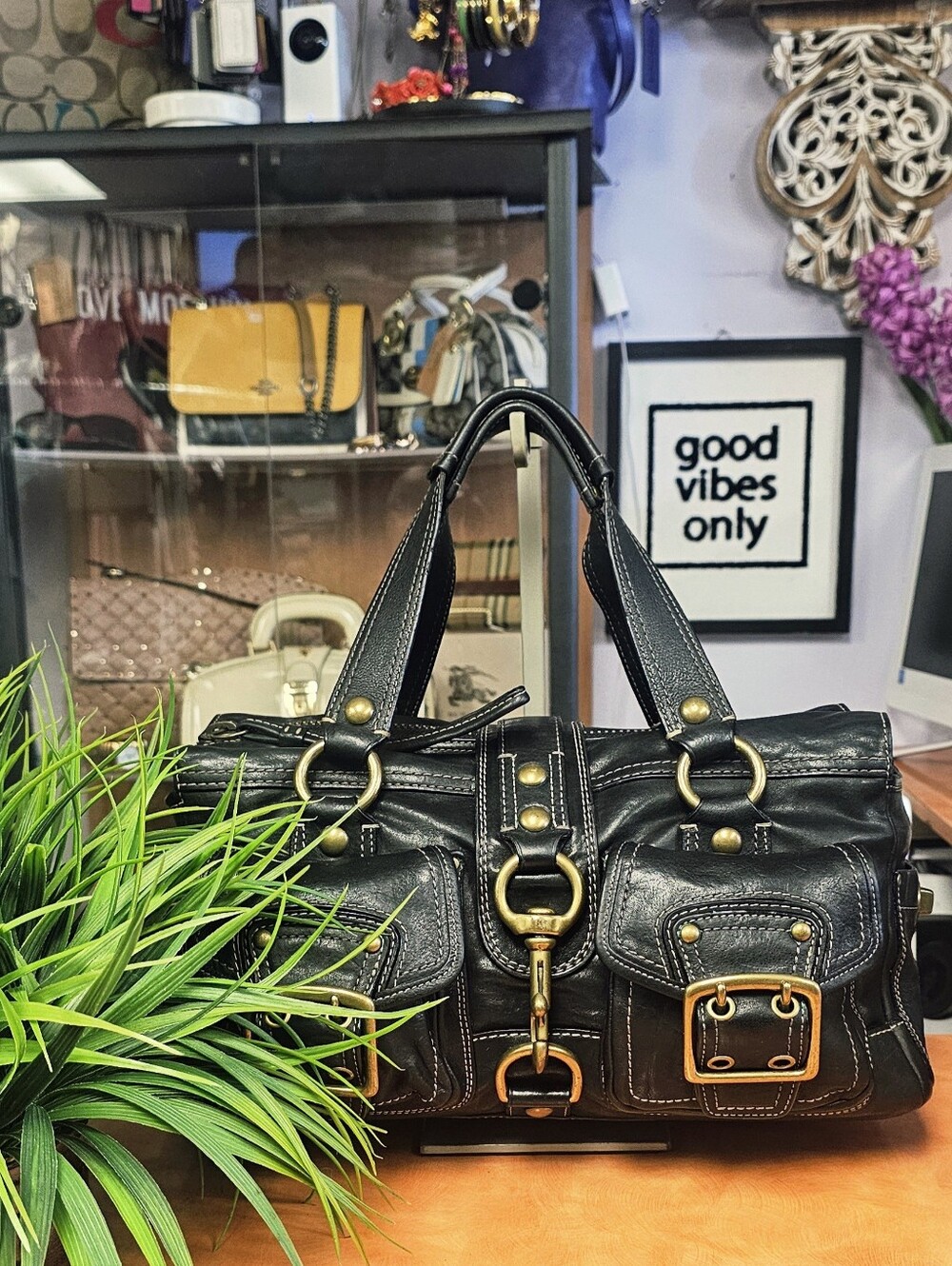 Coach Black Legacy Leather Satchel Handbag with Brass Hardware